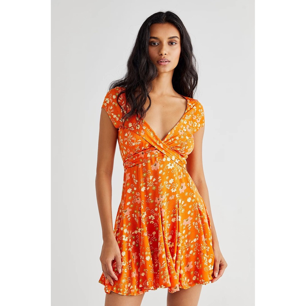 Free People Orange Floral Tie Front Open Back Mini Dress XL Boho Summer